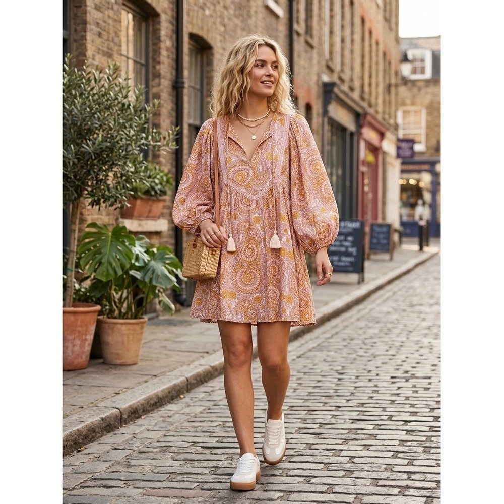 Anthropologie Pink Orange Paisley Balloon Sleeve Tassel Mini Dress OB1278187